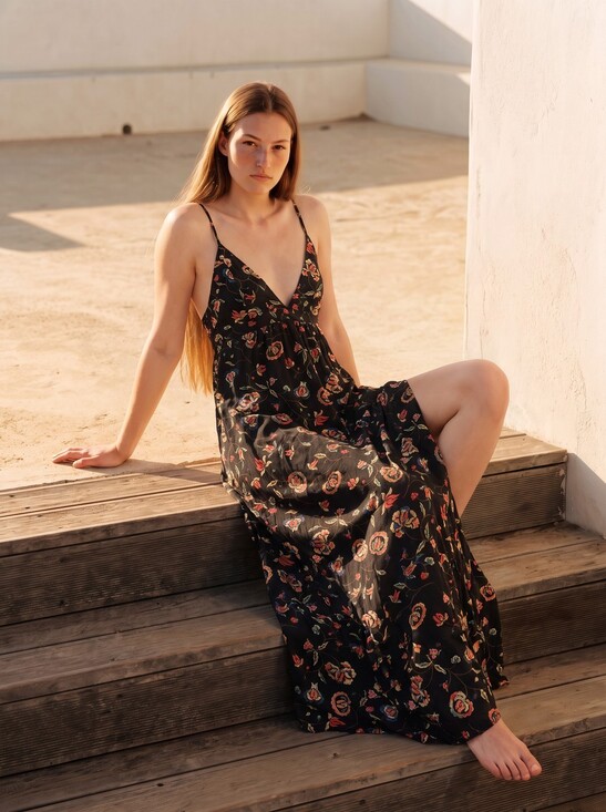 Black Floral Spaghetti-Strap Maxi Dress